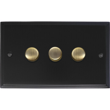 victorian matt black led dimmer (3 gang/antique brass caps) front fc20825