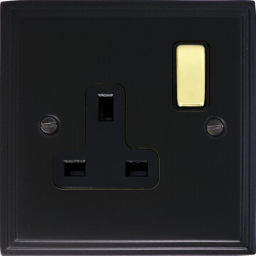 victorian matt black single socket (polished brass switch) front fc20825