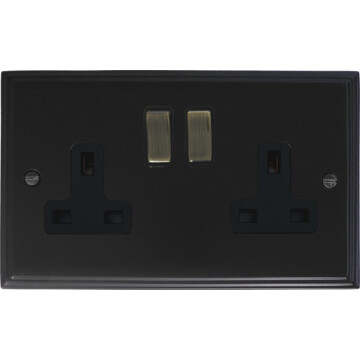 victorian matt black double socket (antique brass switches) front fc20825
