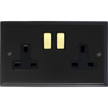 victorian matt black double socket (polished brass switches) front fc20825