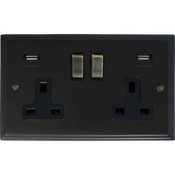 victorian matt black double socket with usb (antique brass switches) front fc20825