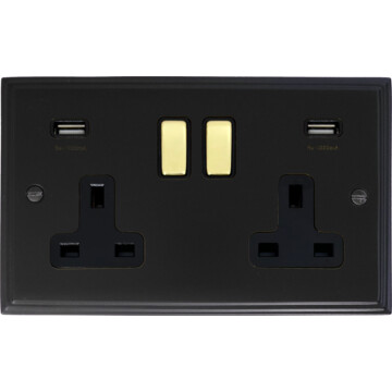 victorian matt black double socket with usb (polished brass switches) front fc20825