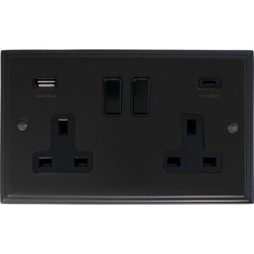 victorian matt black double socket (2 gang/usb a and usb c) front fc20825