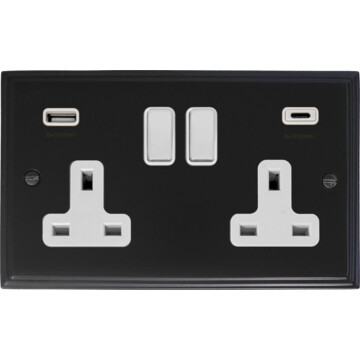 victorian matt black double socket (2 gang/usb a and usb c/white inserts) front fc20825