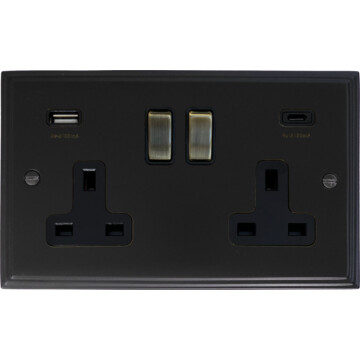 victorian matt black double socket with usb (usb a and usb c/antique brass switches) front fc20825