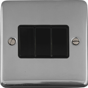 polished chrome light switch (3 gang/black switches) front fc20825