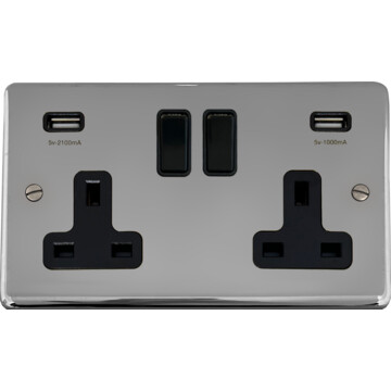 polished chrome double socket with usb (black switches) front fc20825