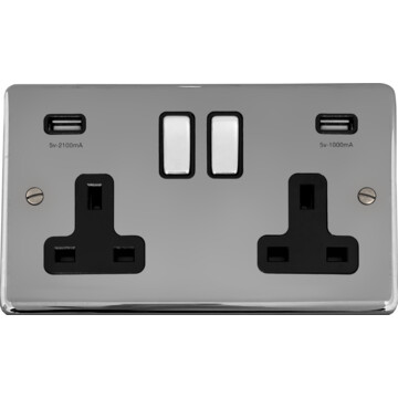 polished chrome double socket with usb (black inserts/chrome switches) front fc20825