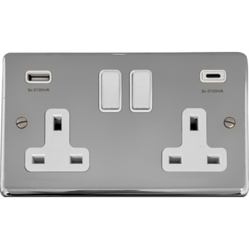 polished chrome double socket with usb (2 gang/usb a and usb c/white switches) front fc20825