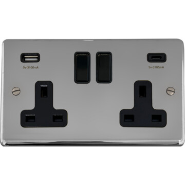 polished chrome double socket with usb (2 gang/usb a and usb c/black switches) front fc20825