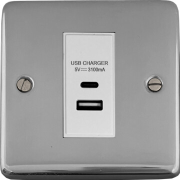 polished chrome usb charger (usb a and usb c) (1 gang/white insert) front fc20825