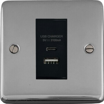 polished chrome usb charger (usb a and usb c) (1 gang/black insert) front fc20825