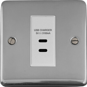 polished chrome usb charger (2x usb c) (1 gang/white insert) front fc20825