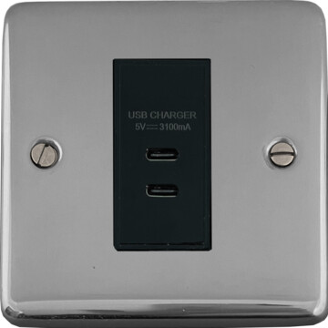 polished chrome usb charger (2x usb c) (1 gang/black insert) front fc20825