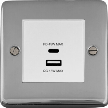 polished chrome usb charger (dual usb a + c quick charge) (1 gang/white insert) front fc20825