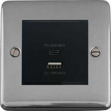 polished chrome usb charger (dual usb a + c quick charge) (1 gang/black insert) front fc20825