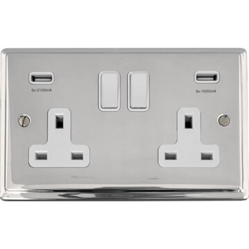 deco polished chrome double socket with usb (white switches) front fc20825