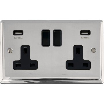 deco polished chrome double socket with usb (black switches) front fc20825