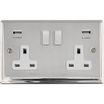 deco polished chrome double socket with usb (chrome switches/white inserts)) front fc20825