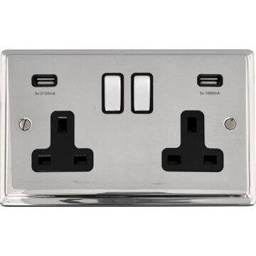 deco polished chrome double socket with usb (chrome switches/black inserts)) front fc20825