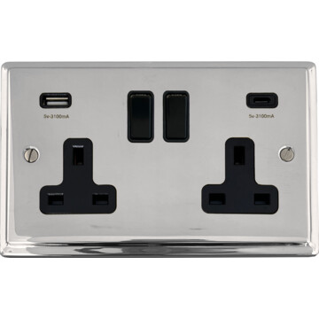 deco polished chrome double socket with usb (usb a and usb c/black switches) front fc20825