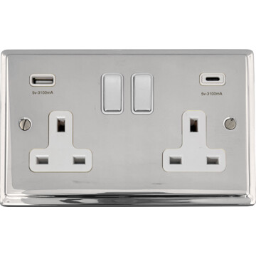 deco polished chrome double socket with usb (usb a and usb c/white inserts/chrome switches) front fc20825