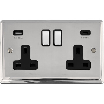 deco polished chrome double socket with usb (usb a and usb c/black inserts/chrome switches) front fc20825