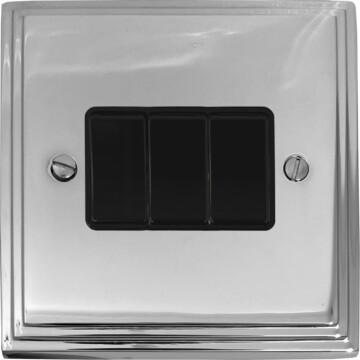 victorian polished chrome light switch (3 gang/black switches) front fc20825