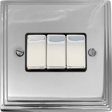 victorian polished chrome light switch (3 gang/black insert/chrome switches) front fc20825