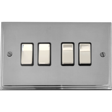 victorian polished chrome light switch (4 gang/black insert/chrome switches) front fc20825