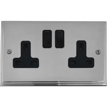 victorian polished chrome double socket (black switches) front fc20825