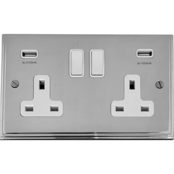 victorian polished chrome double socket with usb (white switches) front fc20825