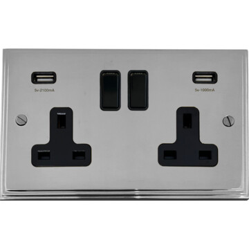 victorian polished chrome double socket with usb (black switches) front fc20825
