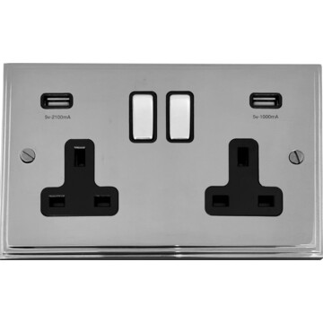 victorian polished chrome double socket with usb (chrome switch/black inserts) front fc20825