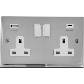 victorian polished chrome double socket with usb (usb a and usb c/white switches) front fc20825