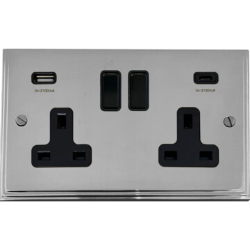 victorian polished chrome double socket with usb (usb a and usb c/white switches) front fc20825