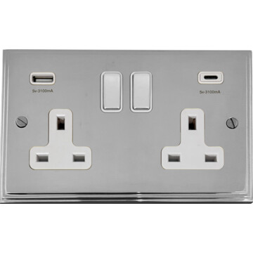 victorian polished chrome double socket with usb (usb a and usb c/white inserts) front fc20825