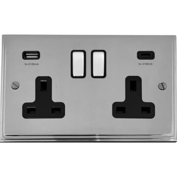 victorian polished chrome double socket with usb (usb a and usb c/black inserts) front fc20825