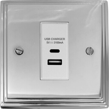 victorian polished chrome usb charger (usb a and usb c) (1 gang/white insert) front fc20825