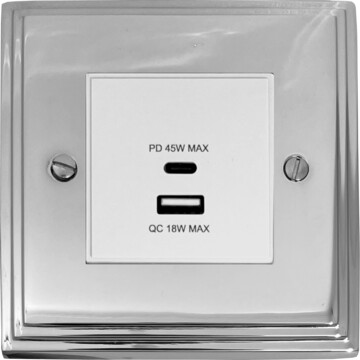 victorian polished chrome usb charger (dual usb a + c quick charge) (1 gang/white insert) front fc20825