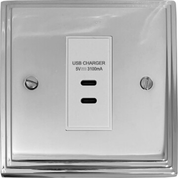 victorian polished chrome usb charger (2x usb c) (1 gang/white insert) front fc20825