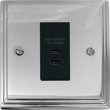 victorian polished chrome usb charger (2x usb c) (1 gang/black insert) front fc20825