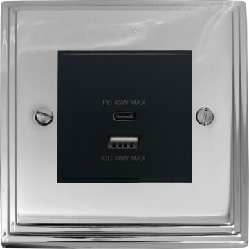 victorian polished chrome usb charger (dual usb a + c quick charge) (1 gang/black insert) front fc20825