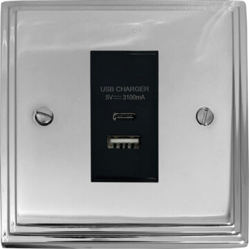 victorian polished chrome usb charger (usb a and usb c) (1 gang/black insert) front fc20825