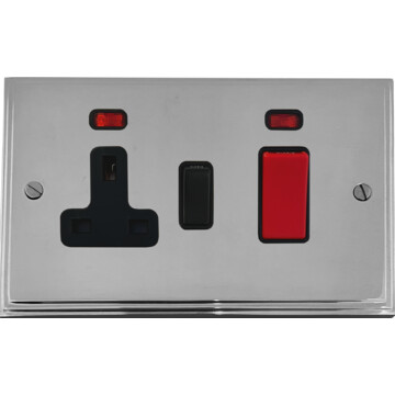 victorian polished chrome cooker switch with socket (black switch) front fc20825