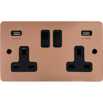 flat copper double socket with usb (black switch) front fc20825