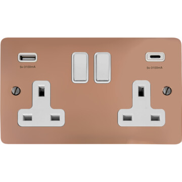 flat copper double socket with usb (usb a and usb c/white switches) front fc20825
