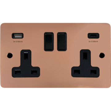 flat copper double socket with usb (usb a and usb c/black switches) front fc20825