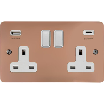 flat copper double socket with usb (usb a and usb c/polished chrome switches) front fc20825
