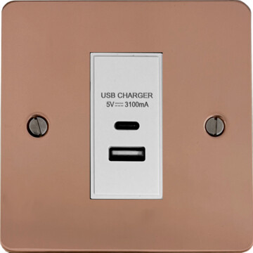 flat copper usb charger (usb a and usb c) (1 gang/white insert) front fc20825